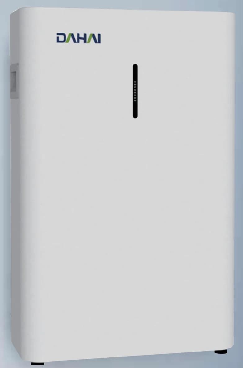 DHLV-LFP-5000 wall-mounted residential battery, white case with an LED bar