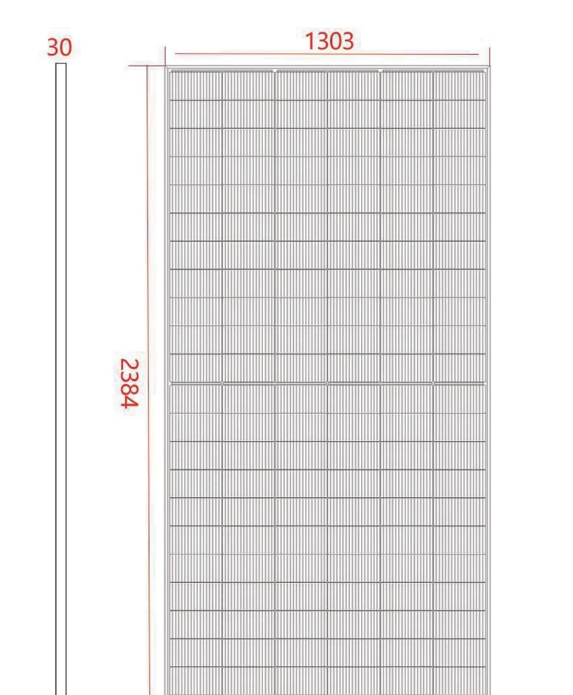Dimensional drawing of the DHM66D50-TP module: 2384 mm by 1303 mm, 30 mm frame
