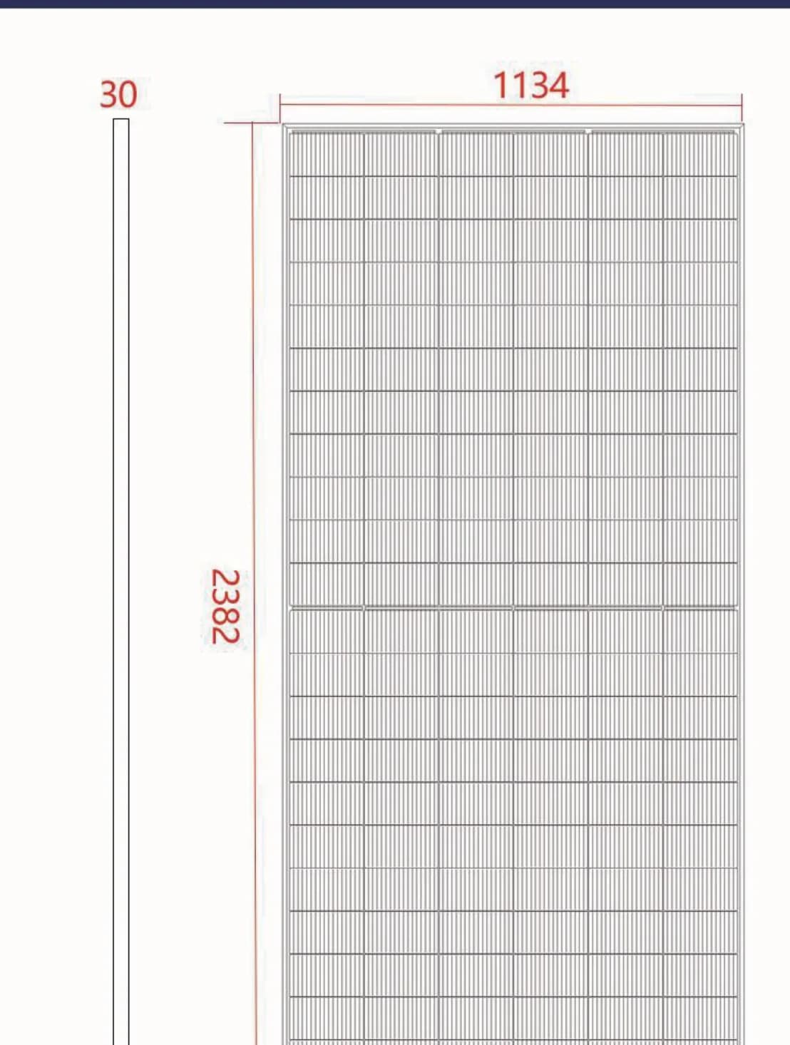 Dimensional drawing of the DHM66D60-TP module: 2382 mm by 1134 mm, 30 mm frame